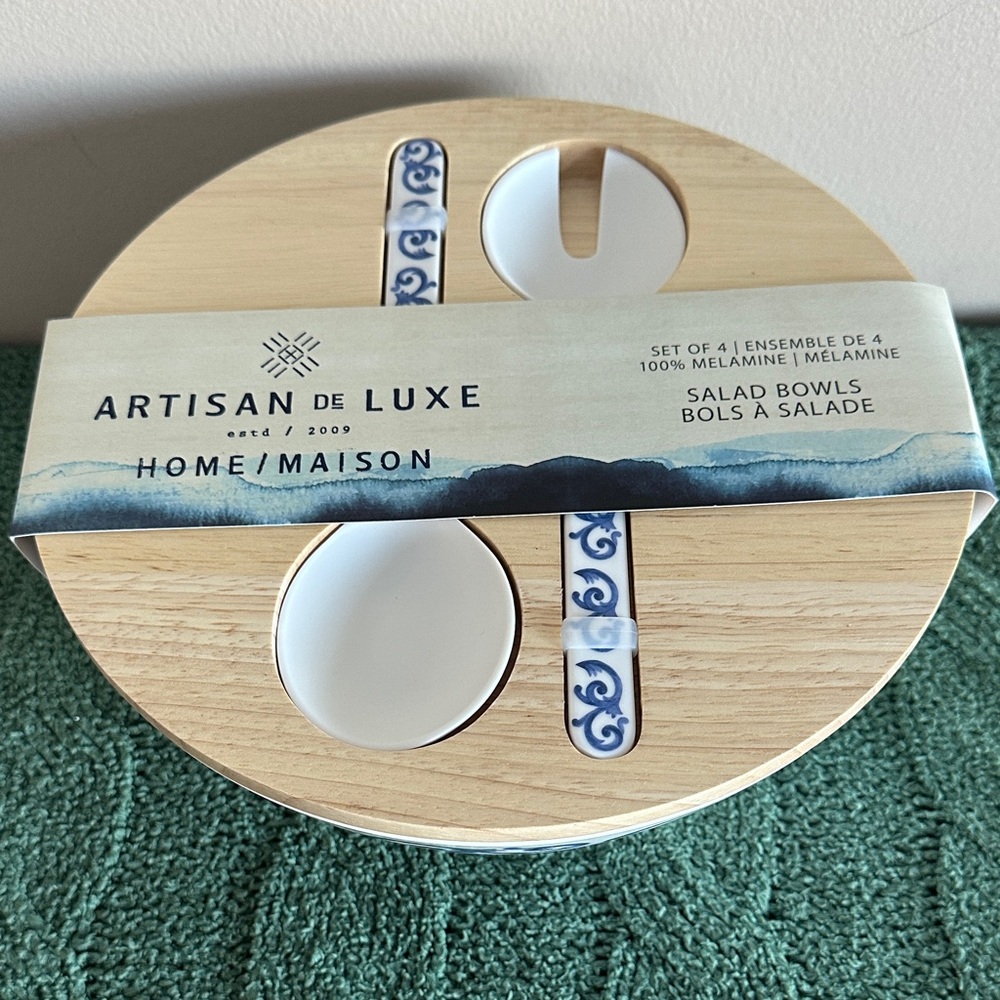 Artisan de Luxe Salad 🥗 Bowl & Matching Spoons Covered Lid Blue Scroll NEW!